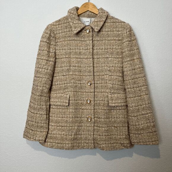St. John Tweed Button Jacket Cotton Neutral Gold Women's Size 10 - Picture 1 of 11